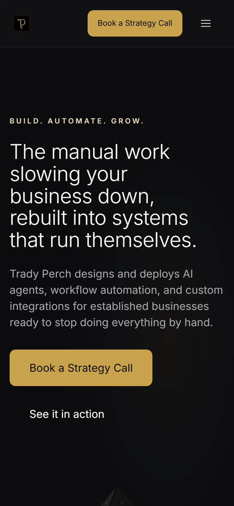 The homepage on a phone, with the navigation collapsed to a menu button.