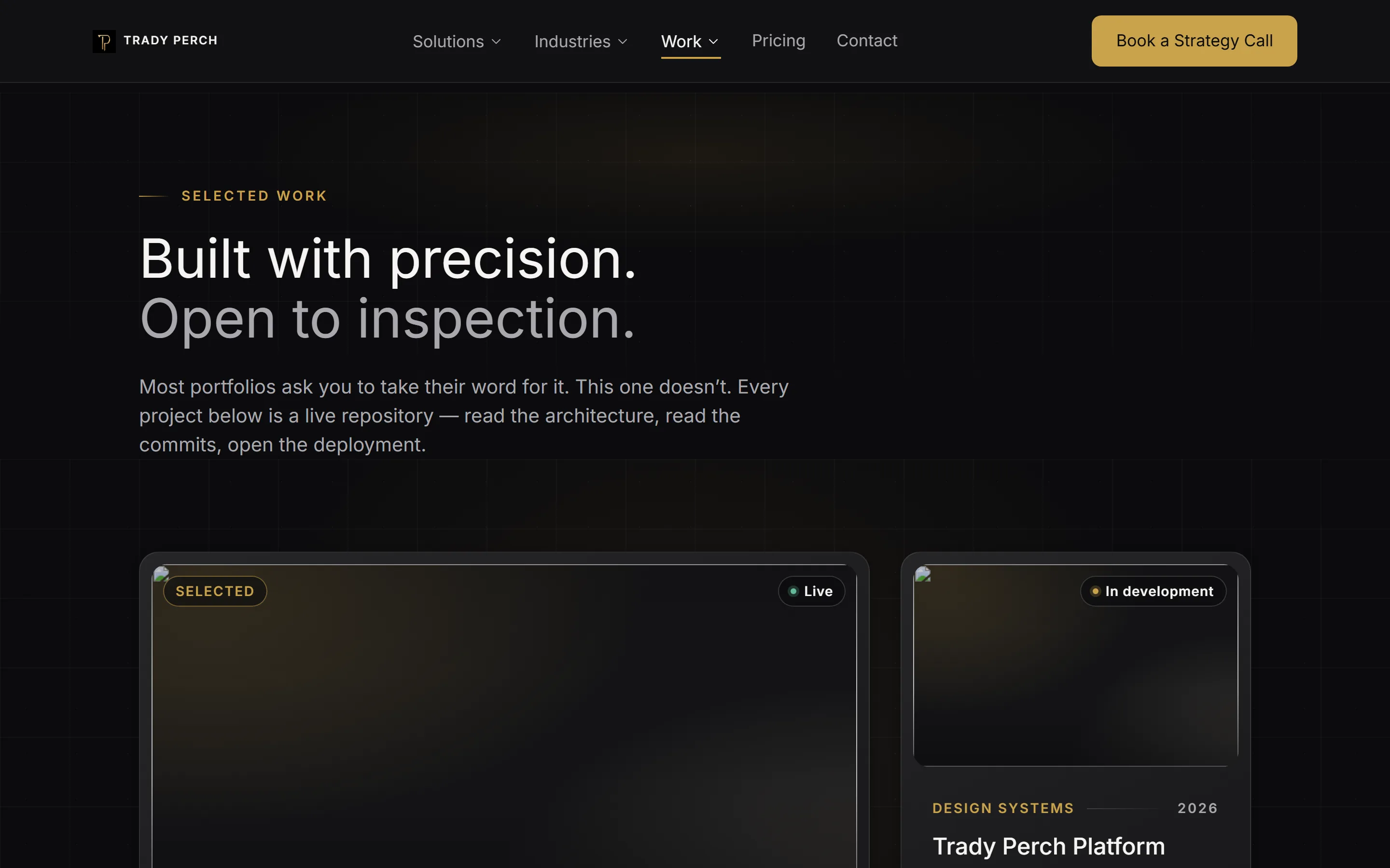The projects page showing an asymmetric grid where one featured card spans two of three columns.