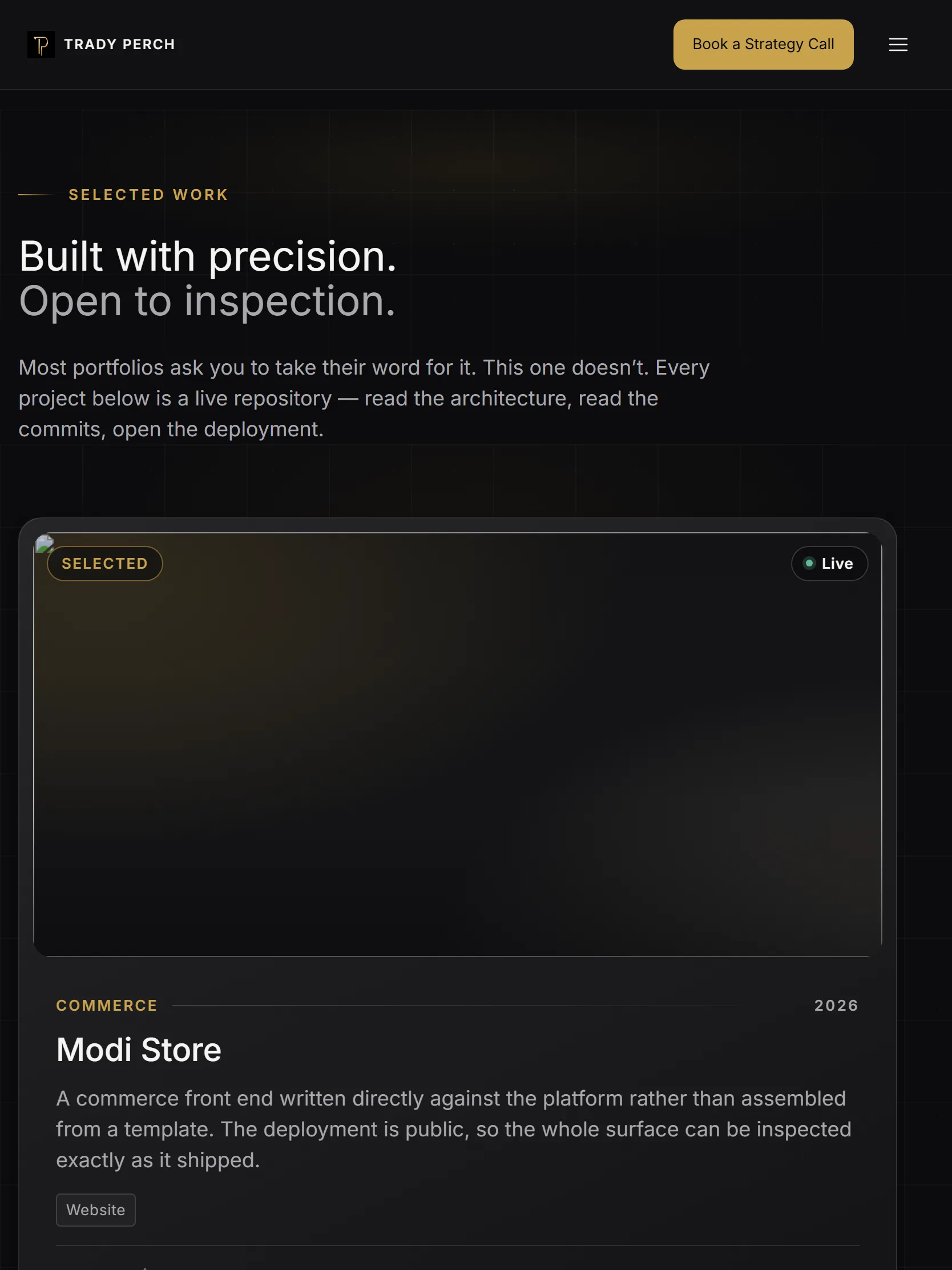 The projects page at tablet width, where the featured card takes the full width and standard cards pair below it.